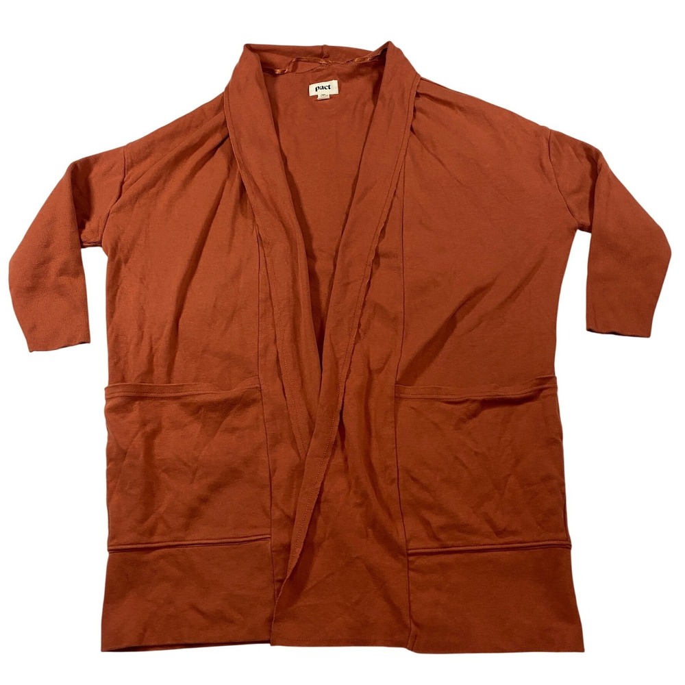 Pact Organic Cotton Open Front Raw Hem Cardigan Burnt Orange XS/S Shawl Collar